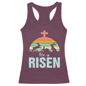 Retro He is Risen Racerback Tank Top Bunny Easter Cross Christian Religious Jesus Has Risen TS10 Maroon Print Your Wear