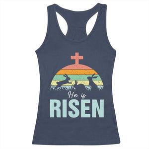 Retro He is Risen Racerback Tank Top Bunny Easter Cross Christian Religious Jesus Has Risen TS10 Navy Print Your Wear