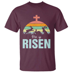 Retro He is Risen T Shirt Bunny Easter Cross Christian Religious Jesus Has Risen TS10 Maroon Print Your Wear