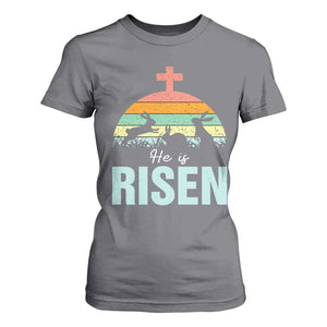 Retro He is Risen T Shirt For Women Bunny Easter Cross Christian Religious Jesus Has Risen TS10 Charcoal Print Your Wear