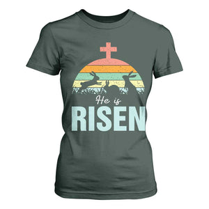 Retro He is Risen T Shirt For Women Bunny Easter Cross Christian Religious Jesus Has Risen TS10 Dark Forest Green Print Your Wear