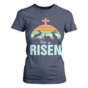 Retro He is Risen T Shirt For Women Bunny Easter Cross Christian Religious Jesus Has Risen TS10 Navy Print Your Wear
