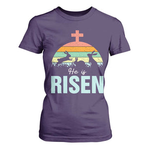 Retro He is Risen T Shirt For Women Bunny Easter Cross Christian Religious Jesus Has Risen TS10 Purple Print Your Wear