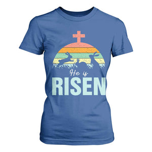 Retro He is Risen T Shirt For Women Bunny Easter Cross Christian Religious Jesus Has Risen TS10 Royal Blue Print Your Wear
