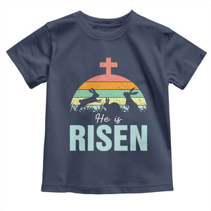 Retro He is Risen Toddler T Shirt Bunny Easter Cross Christian Religious Jesus Has Risen TS10 Navy Print Your Wear