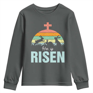 Retro He is Risen Youth Sweatshirt Bunny Easter Cross Christian Religious Jesus Has Risen TS10 Dark Heather Print Your Wear