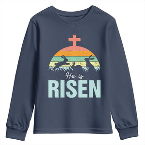 Retro He is Risen Youth Sweatshirt Bunny Easter Cross Christian Religious Jesus Has Risen TS10 Navy Print Your Wear