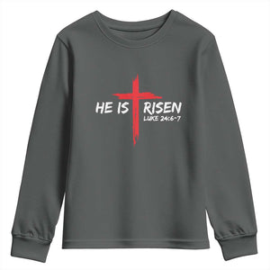Jesus He Is Risen Youth Sweatshirt Christian Cross Bible Verse Easter Day TS10 Dark Heather Print Your Wear