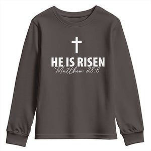 He Is Risen Youth Sweatshirt Cross Christian Minimal Religious Easter Day TS10 Dark Chocolate Print Your Wear