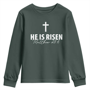 He Is Risen Youth Sweatshirt Cross Christian Minimal Religious Easter Day TS10 Dark Forest Green Print Your Wear