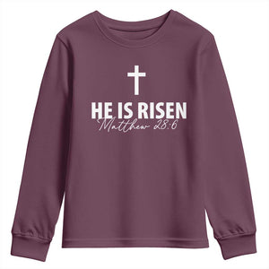 He Is Risen Youth Sweatshirt Cross Christian Minimal Religious Easter Day TS10 Maroon Print Your Wear