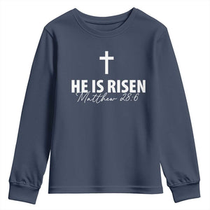 He Is Risen Youth Sweatshirt Cross Christian Minimal Religious Easter Day TS10 Navy Print Your Wear