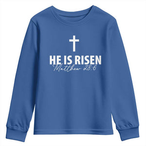 He Is Risen Youth Sweatshirt Cross Christian Minimal Religious Easter Day TS10 Royal Blue Print Your Wear
