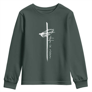Easter Cross He Is Risen Jesus Christian Youth Sweatshirt TS10 Dark Forest Green Print Your Wear