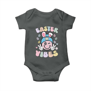 Groovy Easter Vibes Baby Onesie Retro Bunny Smile Eggs TS10 Dark Heather Print Your Wear
