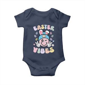 Groovy Easter Vibes Baby Onesie Retro Bunny Smile Eggs TS10 Navy Print Your Wear