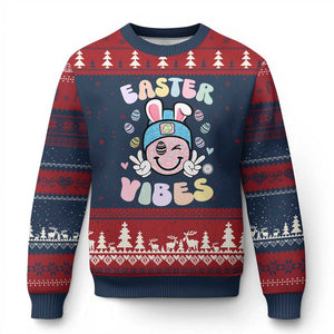 Groovy Easter Vibes Ugly Christmas Sweater Retro Bunny Smile Eggs TS10 Navy Red Print Your Wear