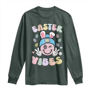 Groovy Easter Vibes Long Sleeve Shirt Retro Bunny Smile Eggs TS10 Dark Forest Green Print Your Wear