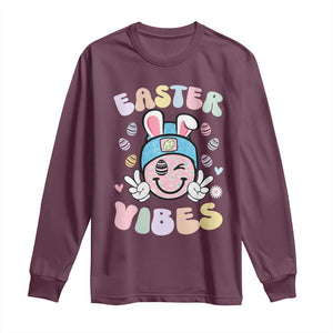 Groovy Easter Vibes Long Sleeve Shirt Retro Bunny Smile Eggs TS10 Maroon Print Your Wear
