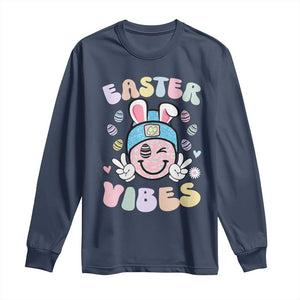 Groovy Easter Vibes Long Sleeve Shirt Retro Bunny Smile Eggs TS10 Navy Print Your Wear