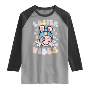 Groovy Easter Vibes Raglan Shirt Retro Bunny Smile Eggs TS10 Sport Gray Black Print Your Wear