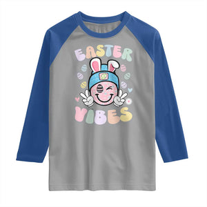 Groovy Easter Vibes Raglan Shirt Retro Bunny Smile Eggs TS10 Sport Gray Royal Print Your Wear