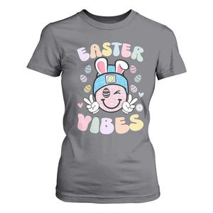 Groovy Easter Vibes T Shirt For Women Retro Bunny Smile Eggs TS10 Charcoal Print Your Wear