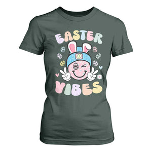 Groovy Easter Vibes T Shirt For Women Retro Bunny Smile Eggs TS10 Dark Forest Green Print Your Wear