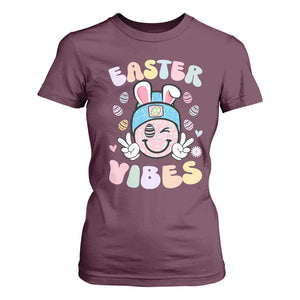 Groovy Easter Vibes T Shirt For Women Retro Bunny Smile Eggs TS10 Maroon Print Your Wear