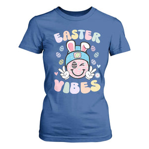 Groovy Easter Vibes T Shirt For Women Retro Bunny Smile Eggs TS10 Royal Blue Print Your Wear