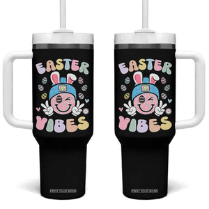 Groovy Easter Vibes Tumbler With Handle Retro Bunny Smile Eggs TS10 One Size: 40 oz Black Print Your Wear