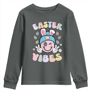 Groovy Easter Vibes Youth Sweatshirt Retro Bunny Smile Eggs TS10 Dark Heather Print Your Wear