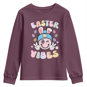 Groovy Easter Vibes Youth Sweatshirt Retro Bunny Smile Eggs TS10 Maroon Print Your Wear