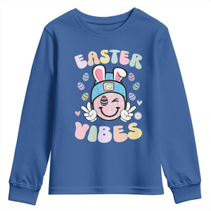 Groovy Easter Vibes Youth Sweatshirt Retro Bunny Smile Eggs TS10 Royal Blue Print Your Wear