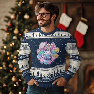 Easter Video Game Ugly Christmas Sweater Cute Bunny Eggs Gaming Gamer TS10 Navy Beige Print Your Wear