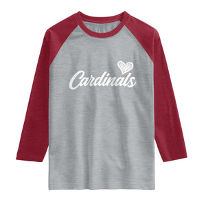 Cardinal Lovers Raglan Shirt Vintage Script Heart Graphic TS10 Heather Gray Heather Red Print Your Wear