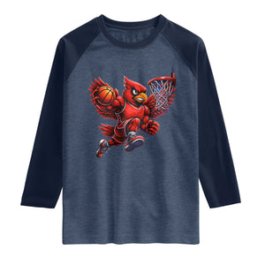 Cardinal Playing Basketball Graphic Raglan Shirt Dunk Mascot Sports Fan Gift TS10 Heather Denim Navy Print Your Wear