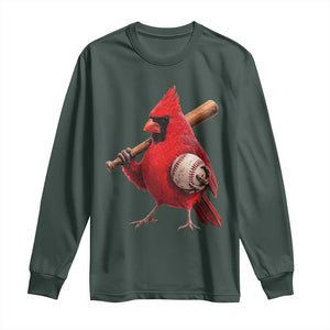 Cardinals Baseball Player Long Sleeve Shirt - Retro STL Redbird Fan - Bird Mascot Baseball TS10 Dark Forest Green Print Your Wear