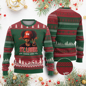 314 St Louis Ugly Christmas Sweater Red Hat African American Woman STL City Pride Area Code TS10 Red Green Print Your Wear