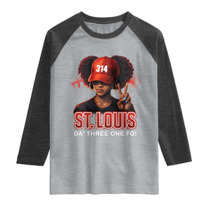 314 St Louis Raglan Shirt Red Hat African American Woman STL City Pride Area Code TS10 Heather Gray Heather Charcoal Print Your Wear