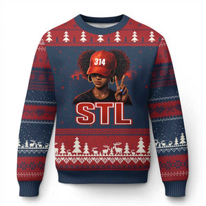 314 STL Ugly Christmas Sweater Red Hat African American Woman Area Code St Louis City Pride TS10 Navy Red Print Your Wear