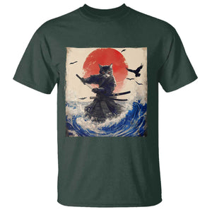Samurai Cat T Shirt Vintage Japanese Art Anime Ukiyo-e Warrior TS10 Dark Forest Green Print Your Wear