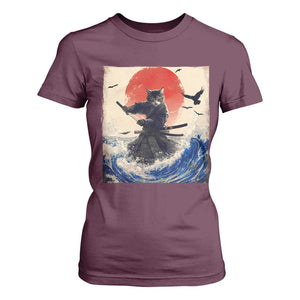 Samurai Cat T Shirt For Women Vintage Japanese Art Anime Ukiyo-e Warrior TS10 Maroon Print Your Wear