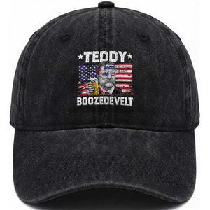 Funny Theodore Roosevelt 4th Of July Washed Cotton Baseball Cap Teddy Boozedevelt Drinking American Flag TS10 Washed Cap Universal Fit Black Print Your Wear