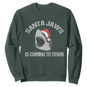 Funny Shark Christmas Sweatshirt Santa Jaws Is Coming Town TS10 Dark Forest Green Print Your Wear