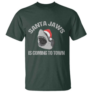 Funny Shark Christmas T Shirt Santa Jaws Is Coming Town TS10 Dark Forest Green Print Your Wear