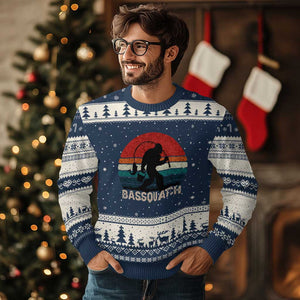 Retro Bigfoot Fishing Ugly Christmas Sweater Funny Retro Sasquatch Bassquatch Fisherman TS10 Navy Beige Print Your Wear