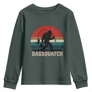 Retro Bigfoot Fishing Youth Sweatshirt Funny Retro Sasquatch Bassquatch Fisherman TS10 Dark Forest Green Print Your Wear