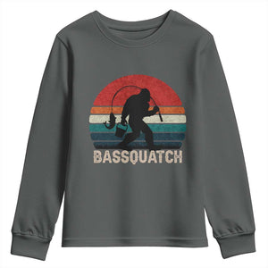 Retro Bigfoot Fishing Youth Sweatshirt Funny Retro Sasquatch Bassquatch Fisherman TS10 Dark Heather Print Your Wear