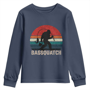 Retro Bigfoot Fishing Youth Sweatshirt Funny Retro Sasquatch Bassquatch Fisherman TS10 Navy Print Your Wear